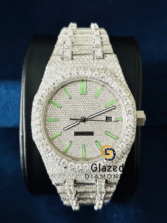 Fully Iced Out Green Stick Bar Moissanite Watch For Men