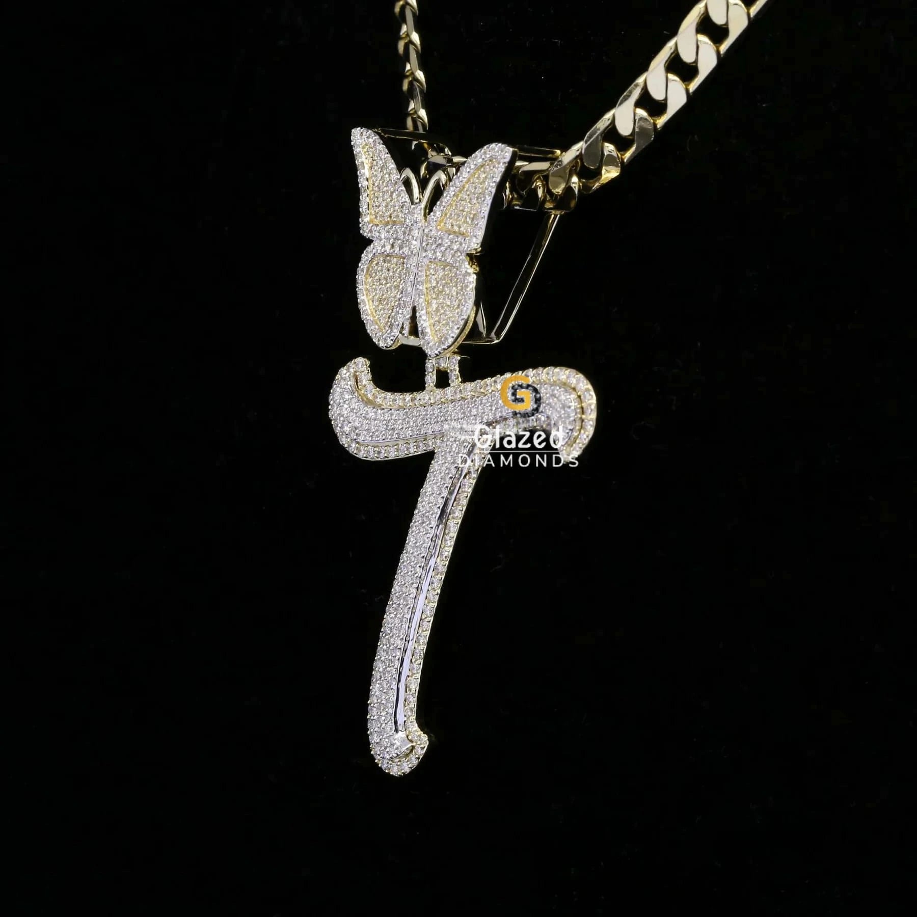 Iced Out Initial T Letter With Butterfly Moissanite Bust Down Pendant