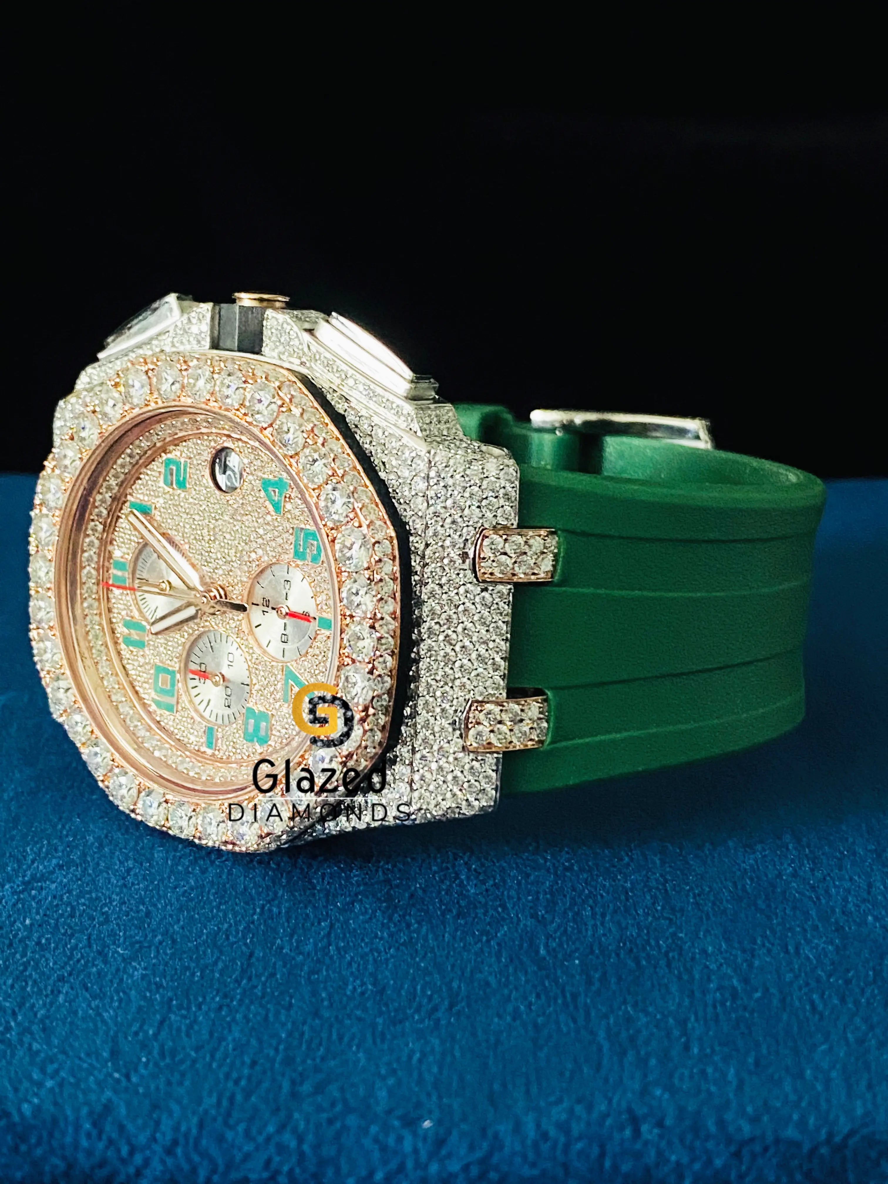Arabic Face Dial Bust Down Green Silicone Strap VVs Moissanite Watch