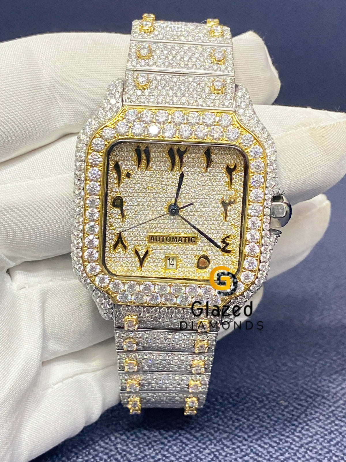 Arabic Numeral Yellow Two Tone Iced Out Luxury Moissanite Watch