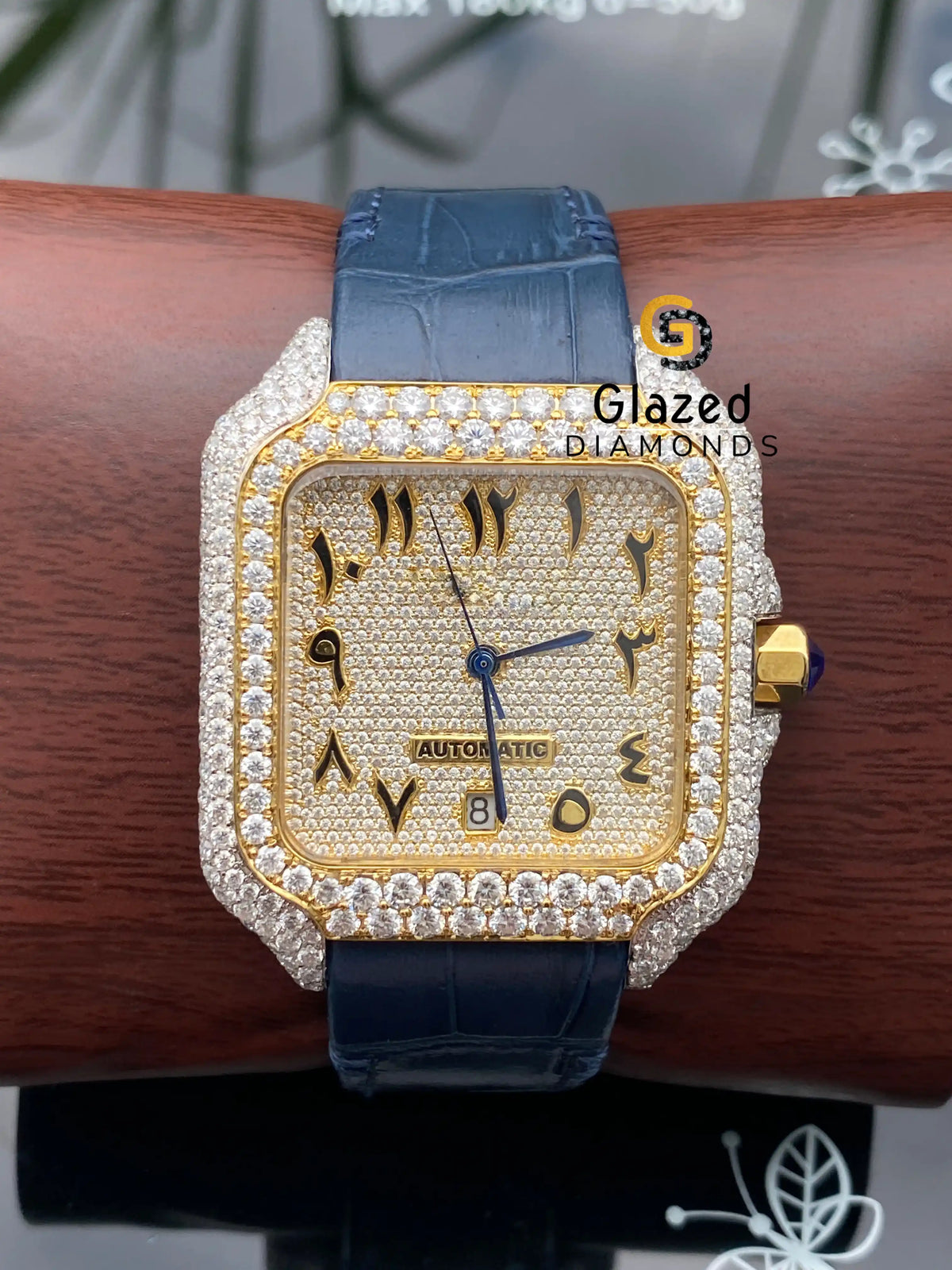 Royal Blue Leather Strap Two Tone Iced Moissanite Studded Watch