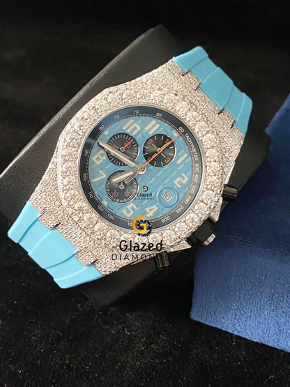 Sky Blue Silicone Strap Chronograph Fully Iced Out Moissanite Watch