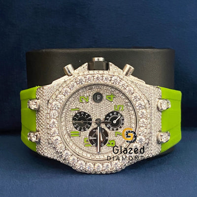 Arabic Dial Chronograph Neon Green Silicone Strap Moissanite Watch