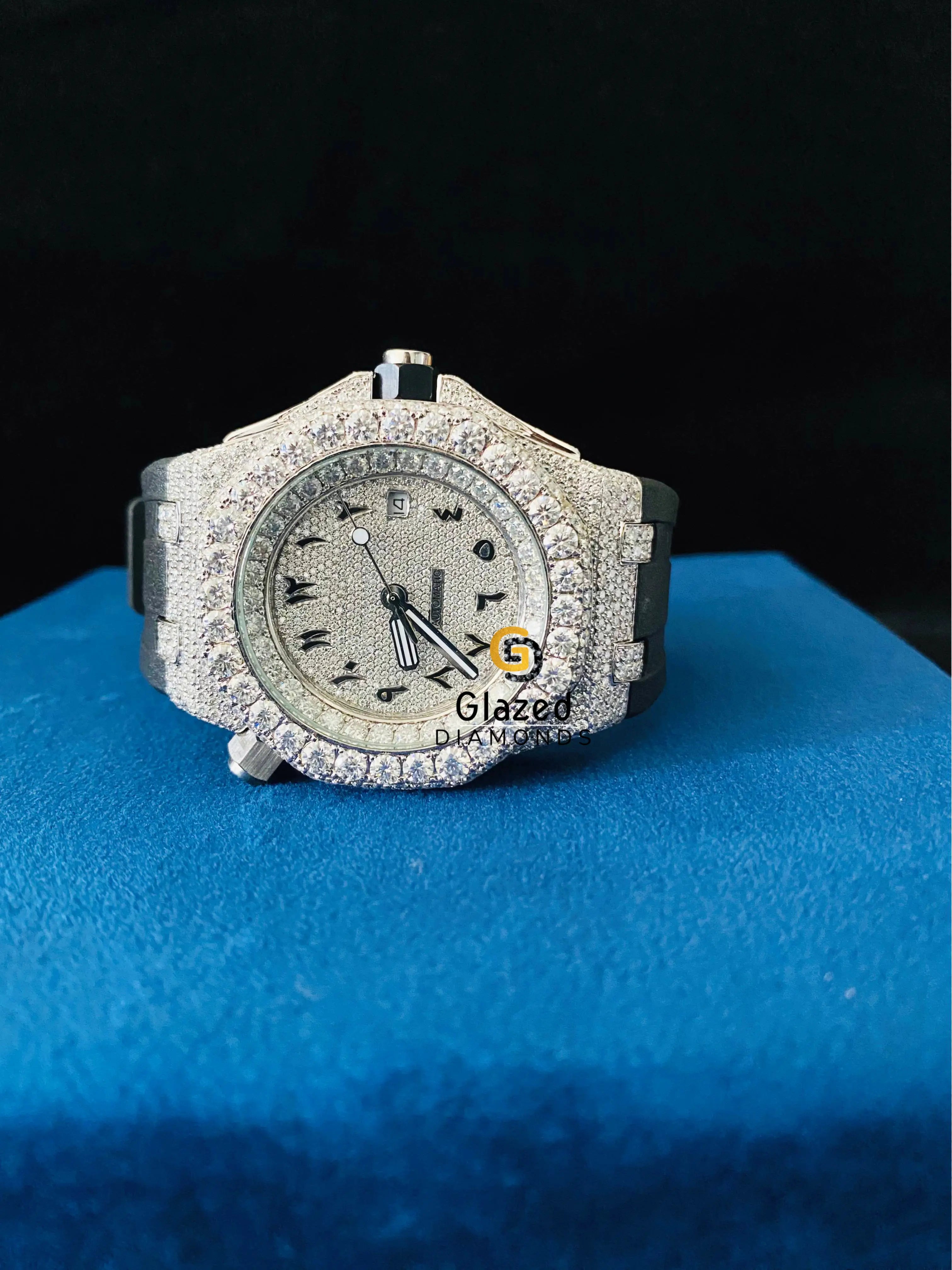 Arabic Face Dial Black Silicon Strap VVS Moissanite Watch