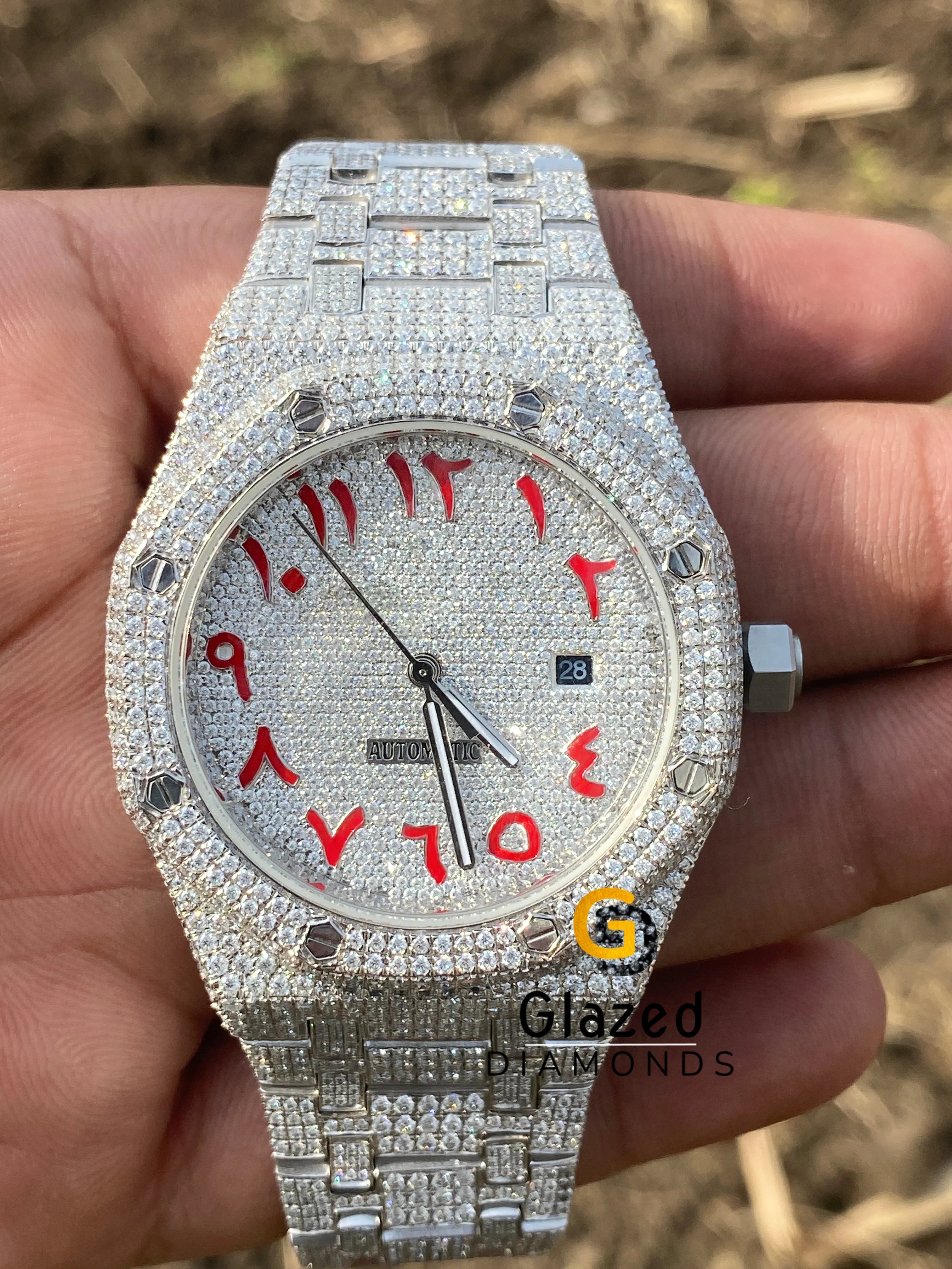 Red Arabic Numerals VVS Moissanite Studded Diamond Watch