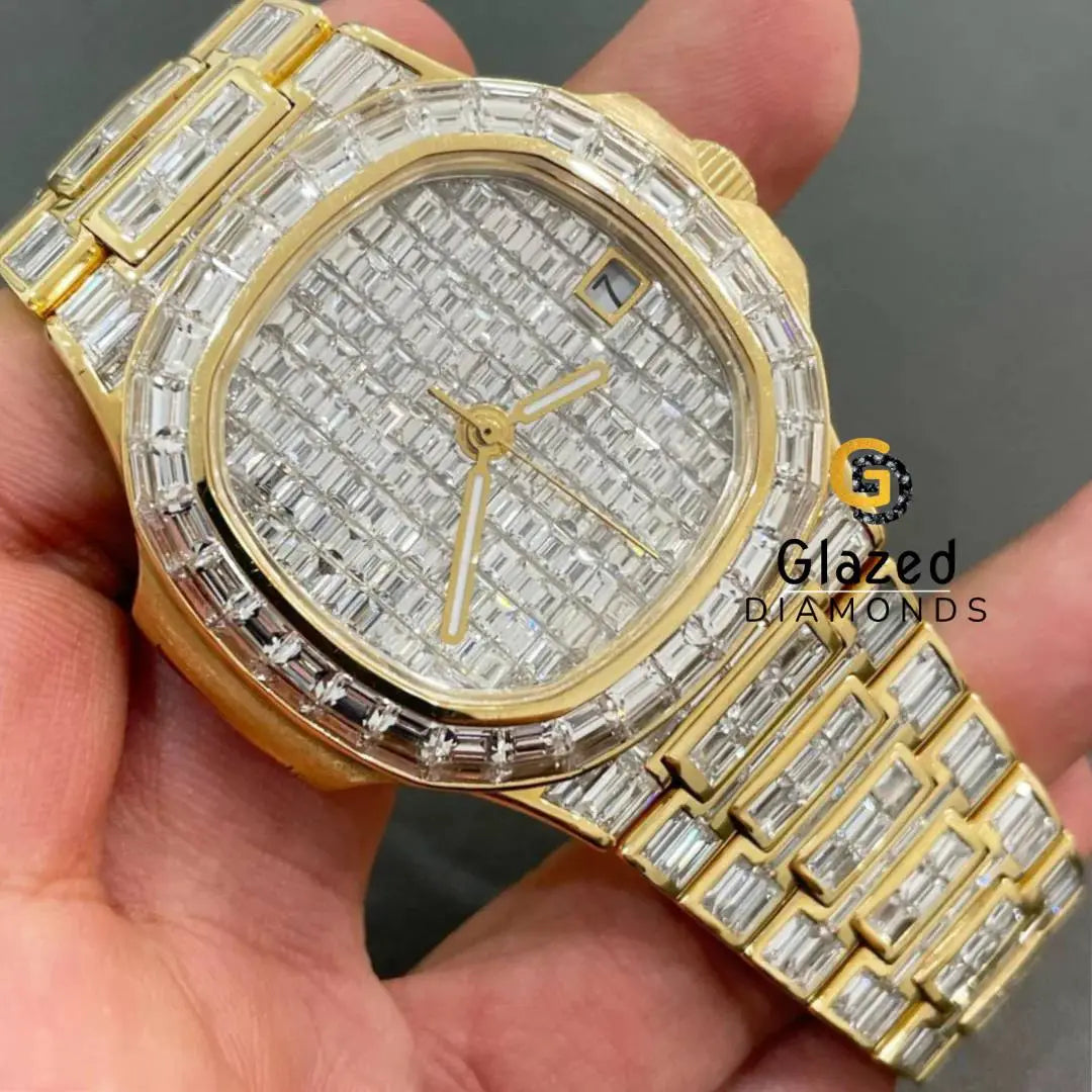 Custom Fully Icey Baguette Moissanite Diamond Watch