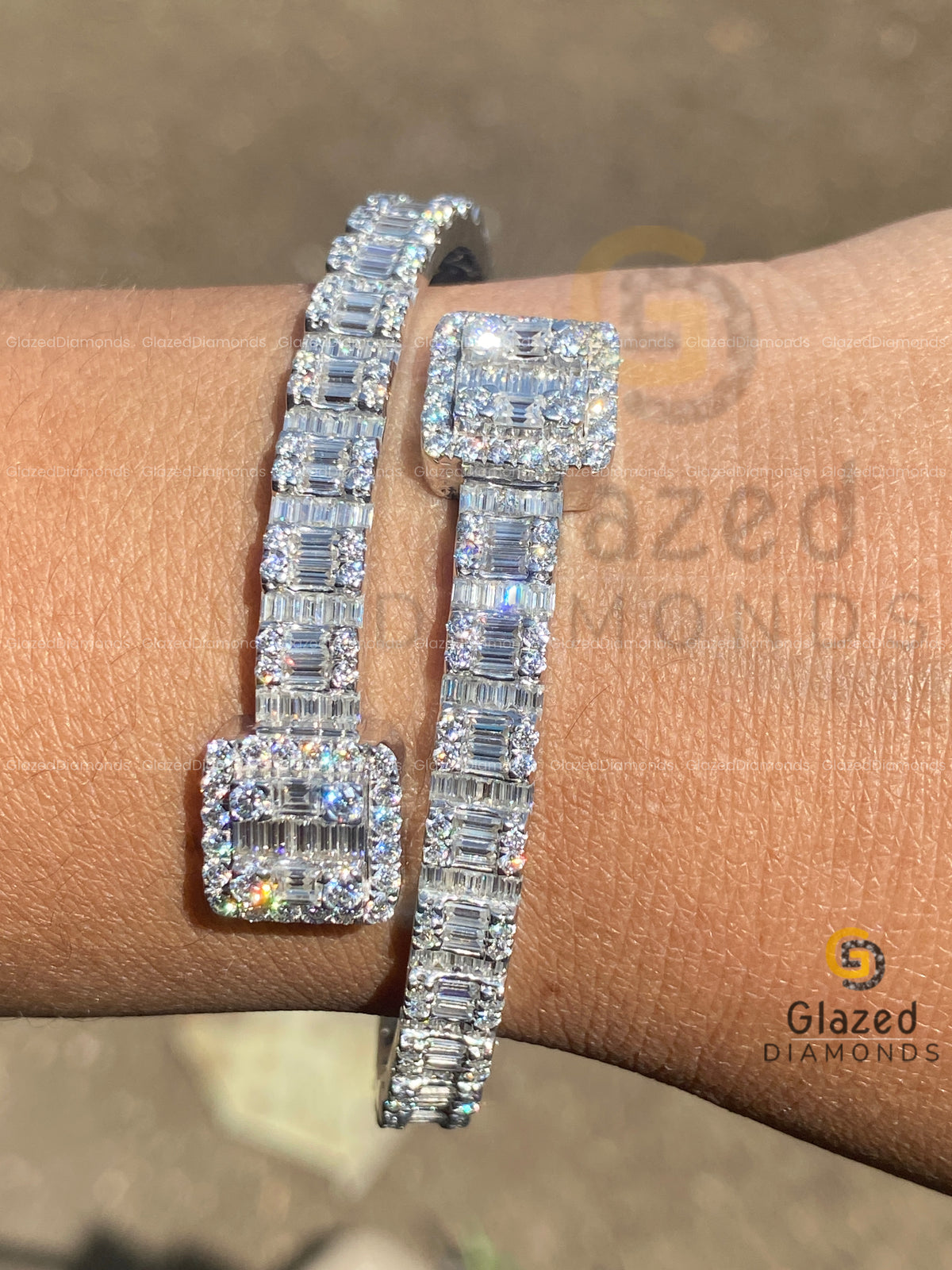 Solid 925 Silver Iced Round and Baguette Moissanite Diamond Cuff Bracelet