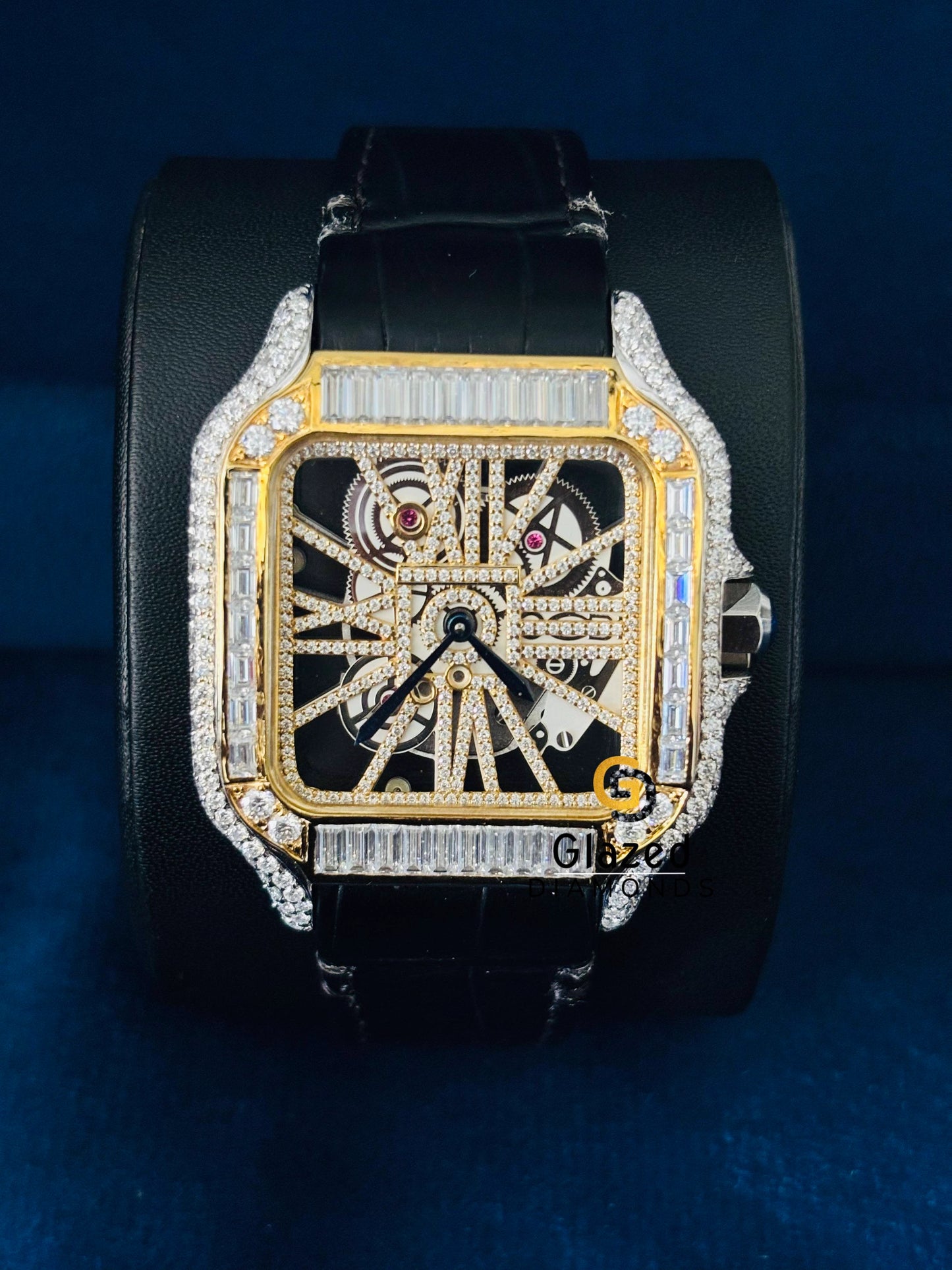 Baguette Moissanite Yellow Gold Plated Skeleton Dial Watch