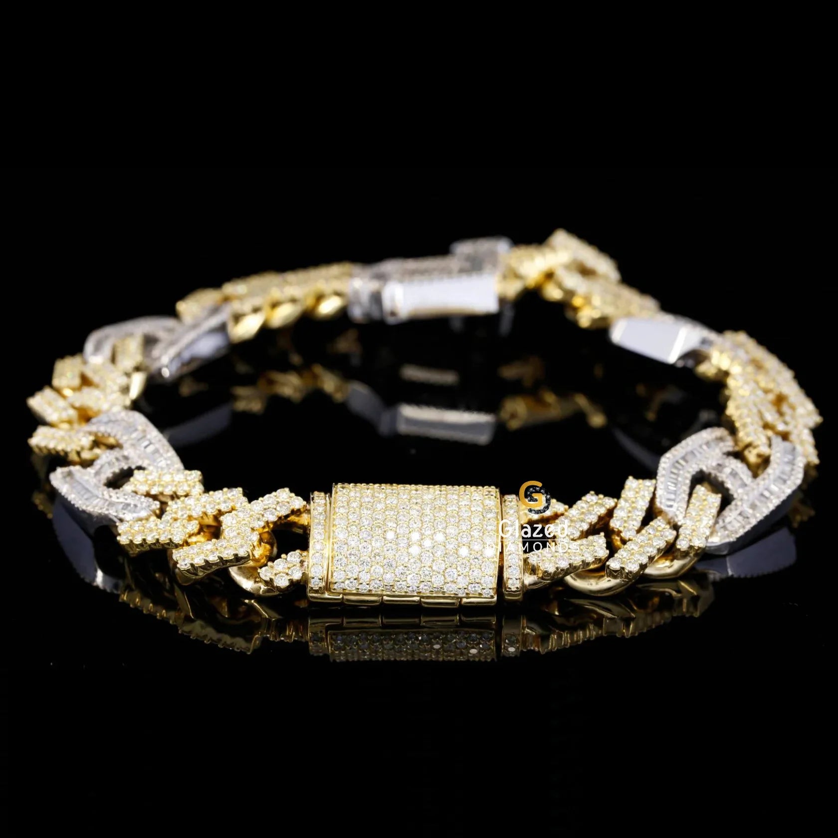 Iced Out 14MM Cuban Link Initial P Letter Baguette and Round Moissanite Bracelet