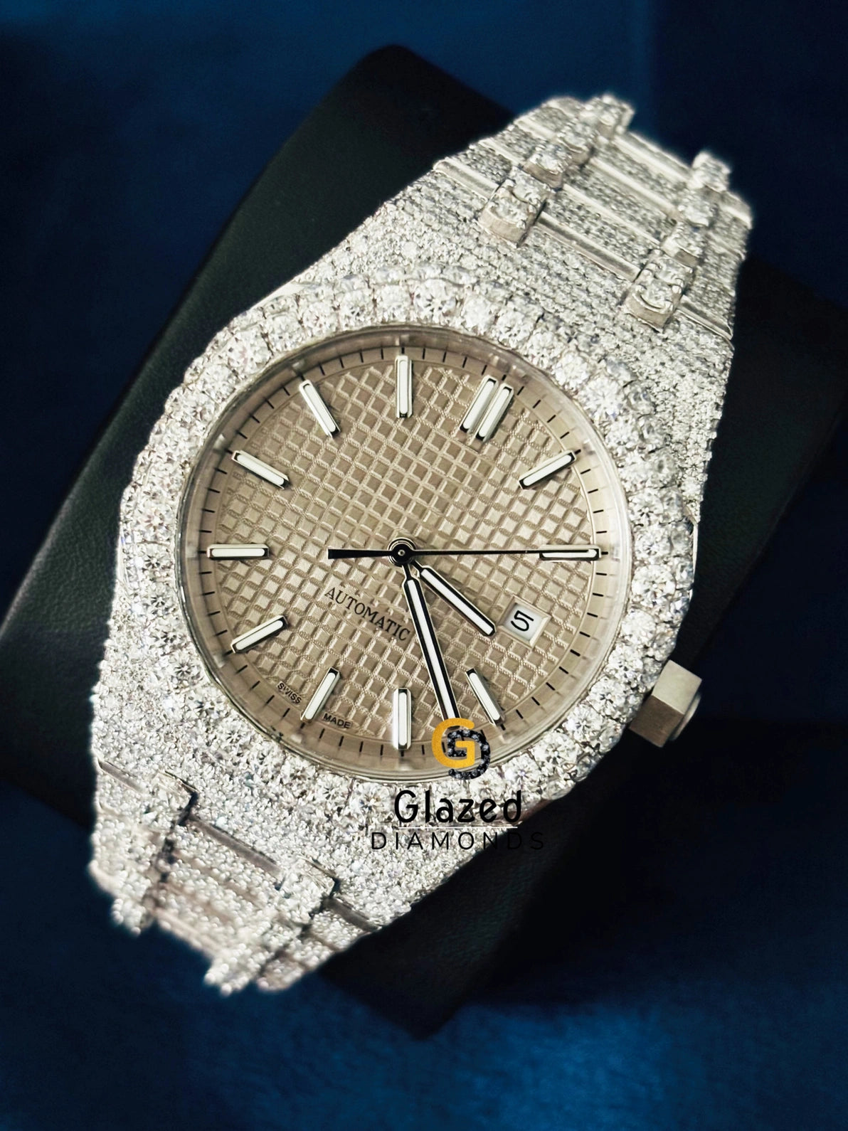 Beige Stick Dial D Colorless VVS Moissanite Diamond Studded Watch
