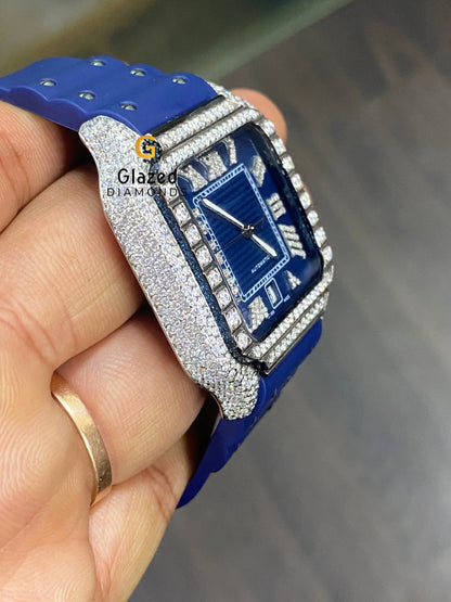 Bezel Blue Dial Moissanite Iced Watch For Him