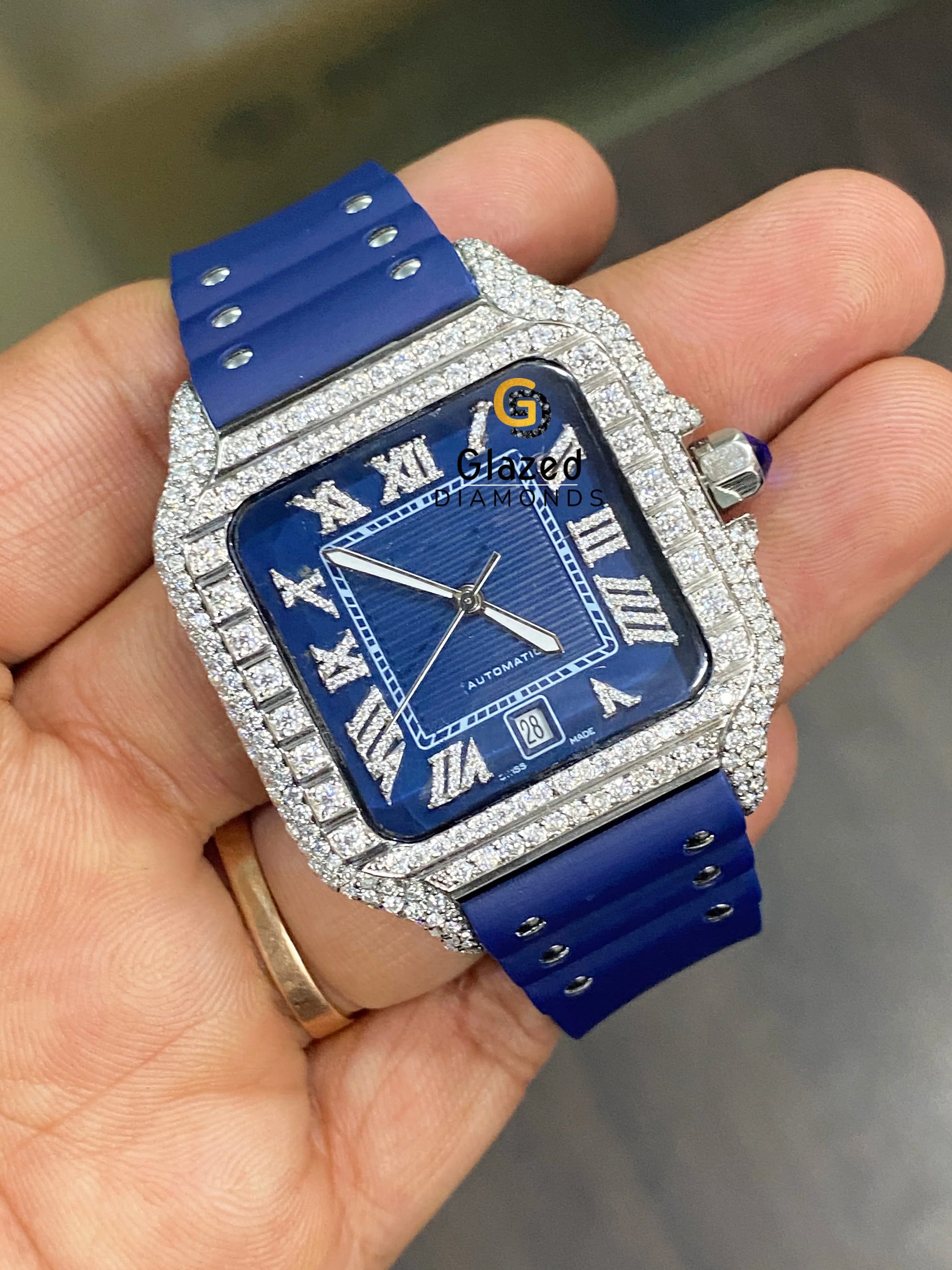 Bezel Dial Blue Dial Moissanite Iced Watch For Him