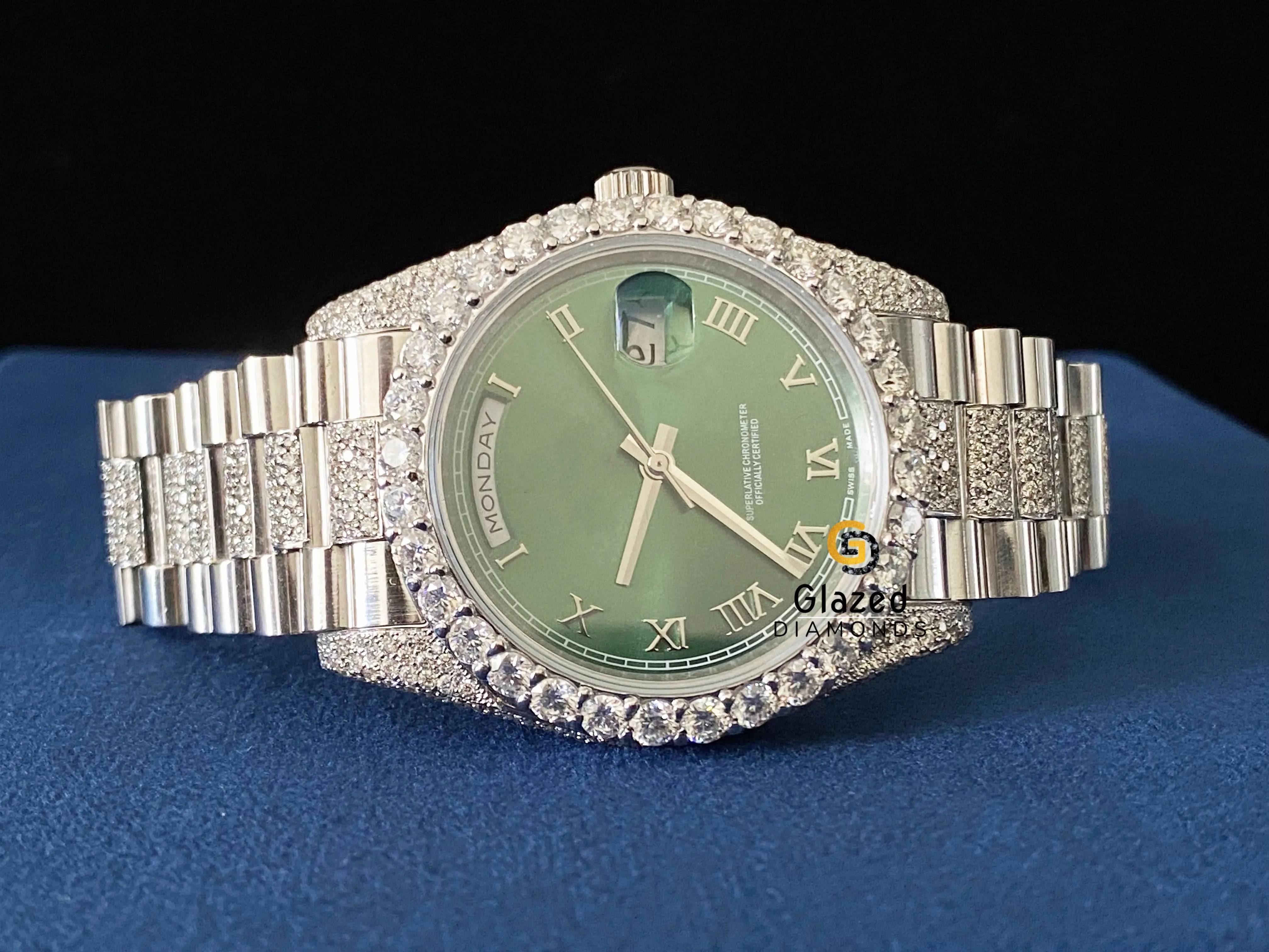 Bezel Green Roman Dail VVS Moissanite Bust Down Watch