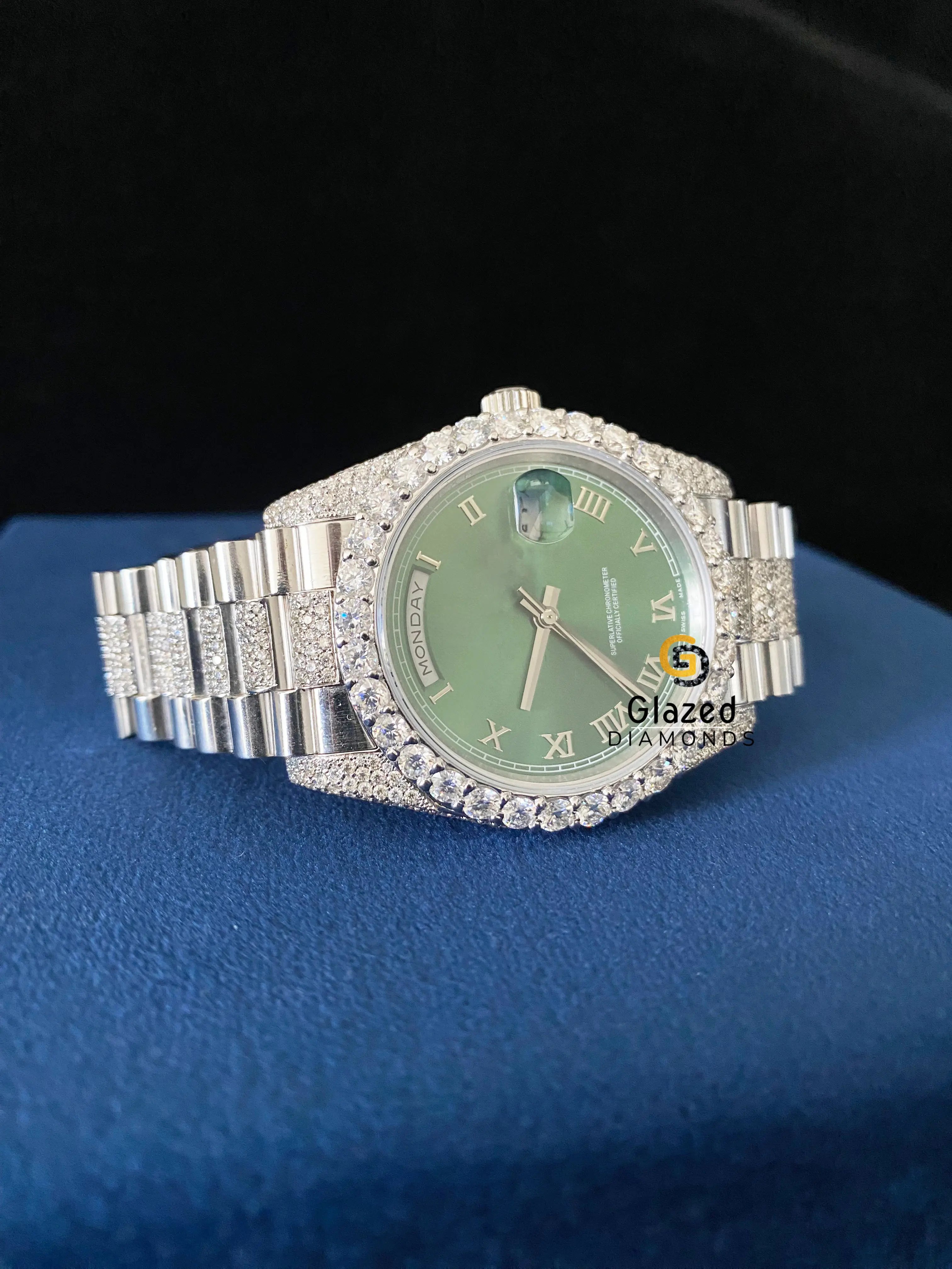 Bezel Green Roman Dail VVS Moissanite Watch For Men