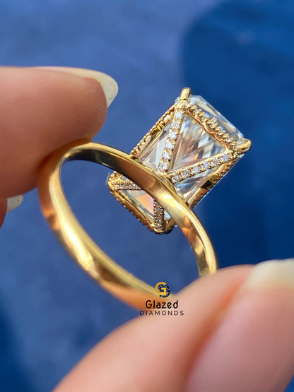 Big Radiant Moissanite Hidden Halo Engagement Ring For Women