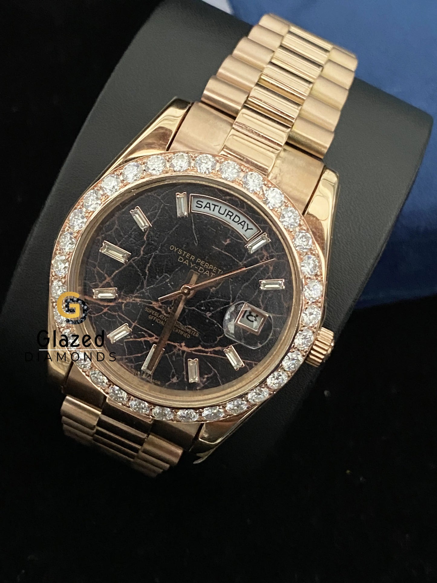 Black Bezel Stick Dial Presidential Strap Moissanite Iced Out Watch
