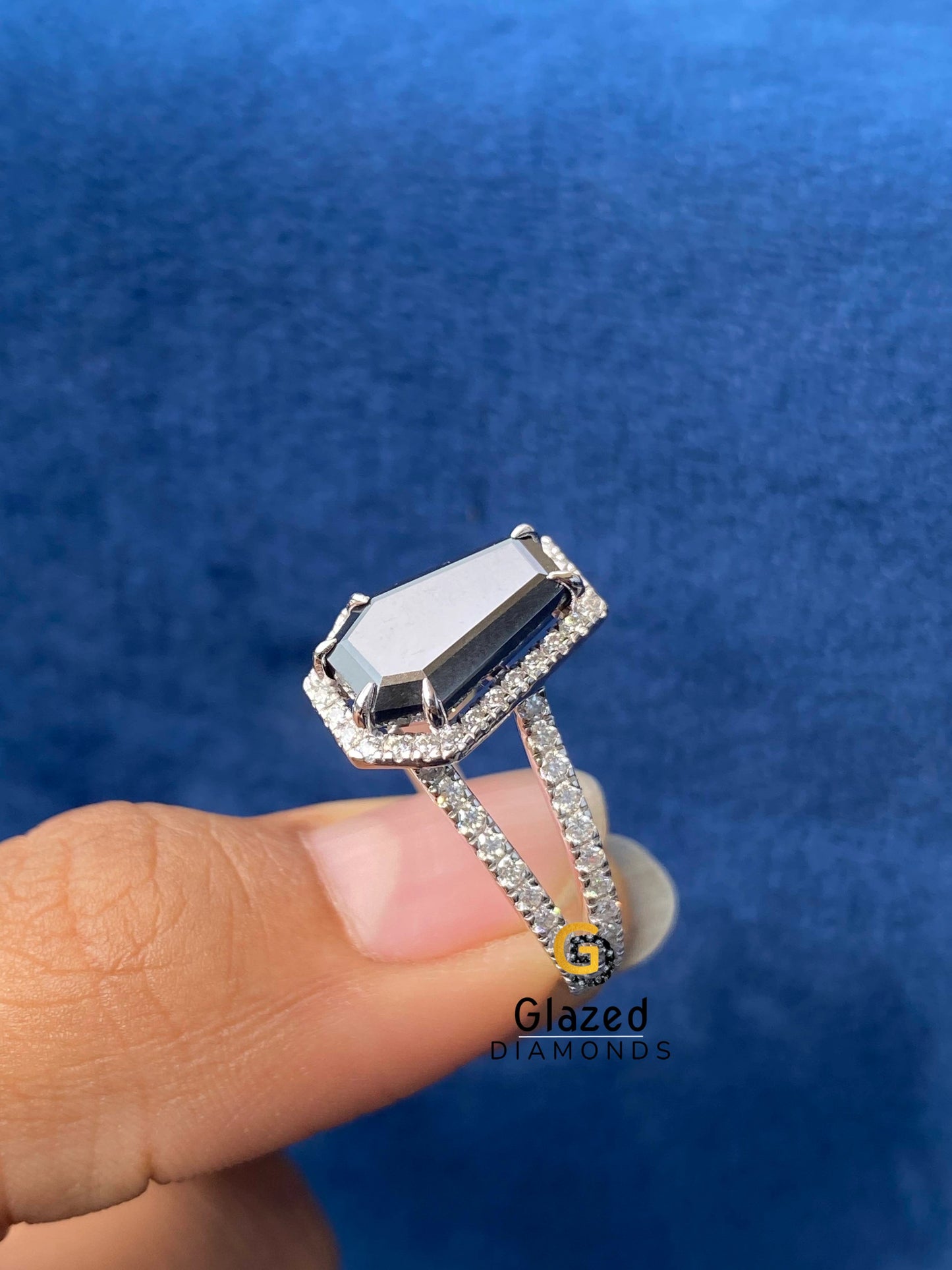 Black Coffin Cut Halo Moissanite Engagement Ring