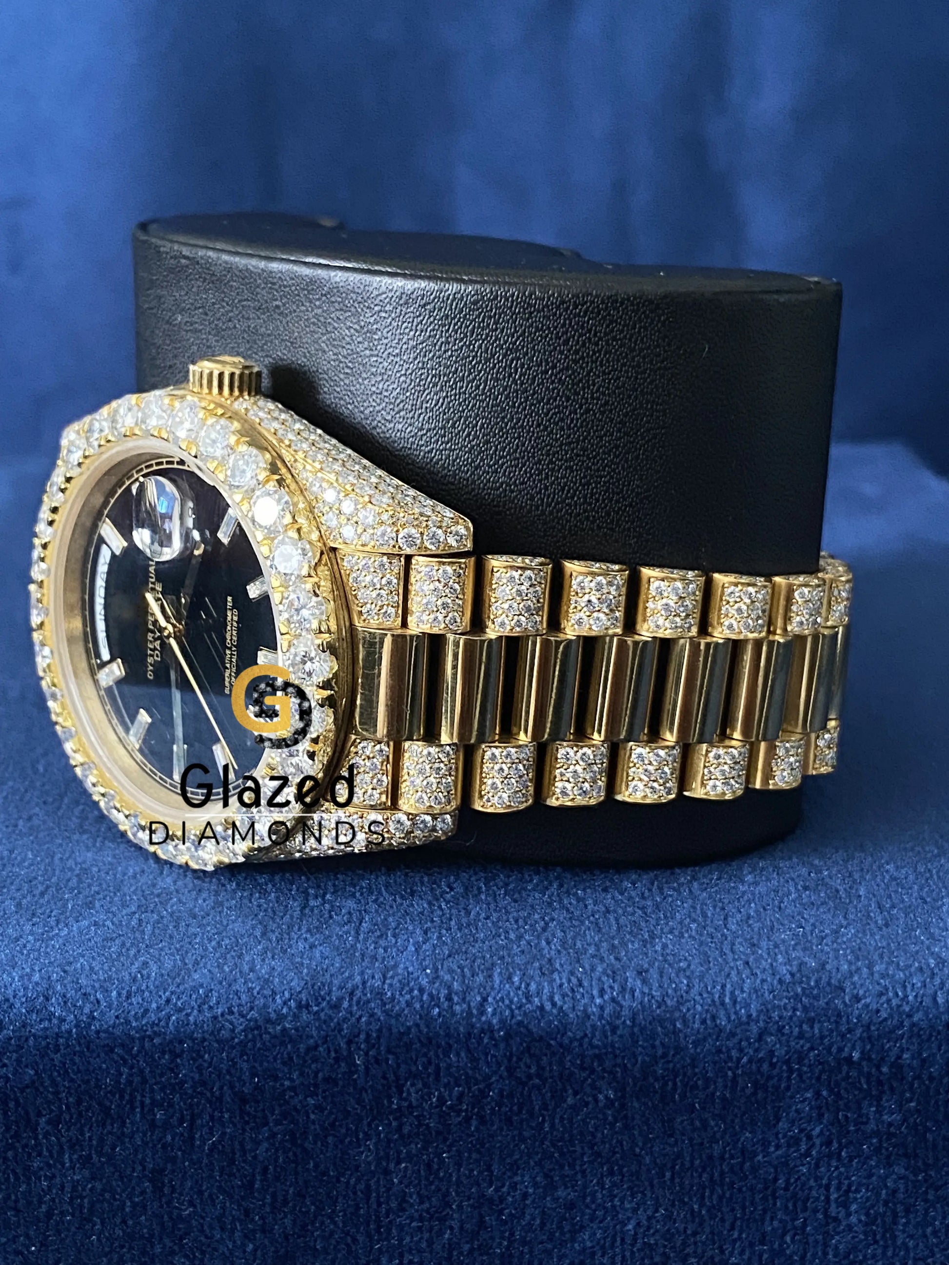 Black Dial Baguette Bar Day Date VVs Moissanite Watch