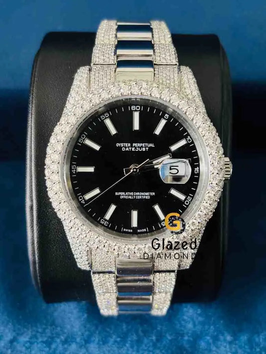 Black Dial Baguette Bar Fully Iced Moissanite Hip Hop Watch