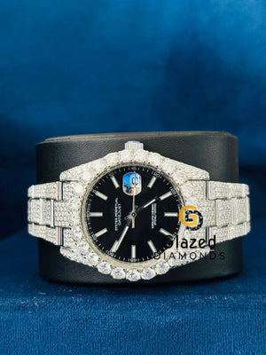 Black Dial Bust Down Moissanite Wrist Watch for Him