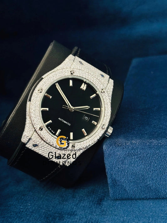 Black Dial Moissanite Wrist Watch With Black Leather Belt