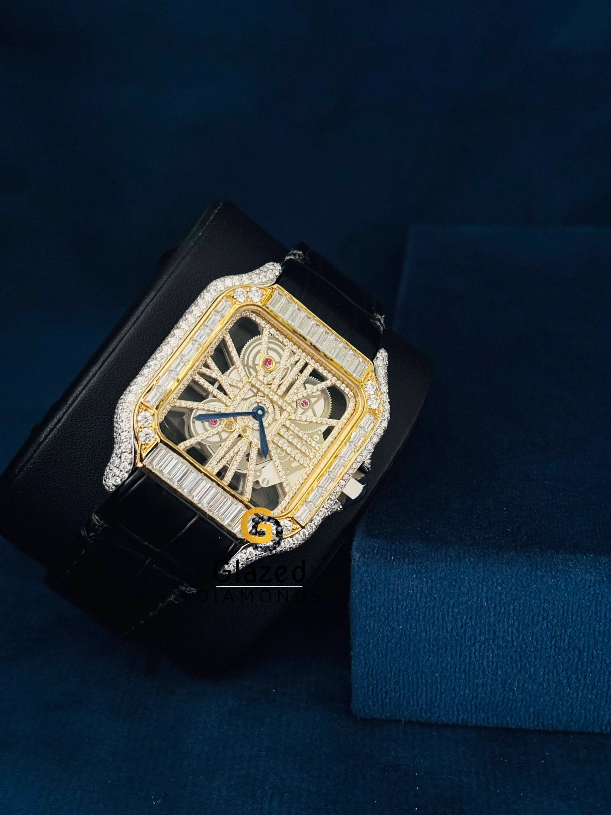 Black Lather Bealt Moissanite Skeleton Dial Watch