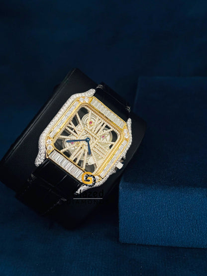 Black Lather Bealt Moissanite Skeleton Dial Watch