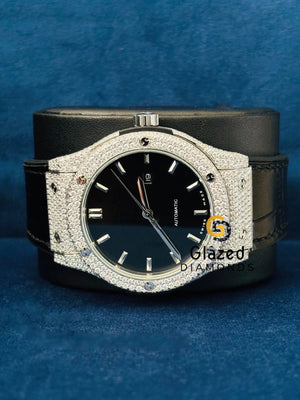 Black Leather Belt Black Dial Moissanite Wrist Watch