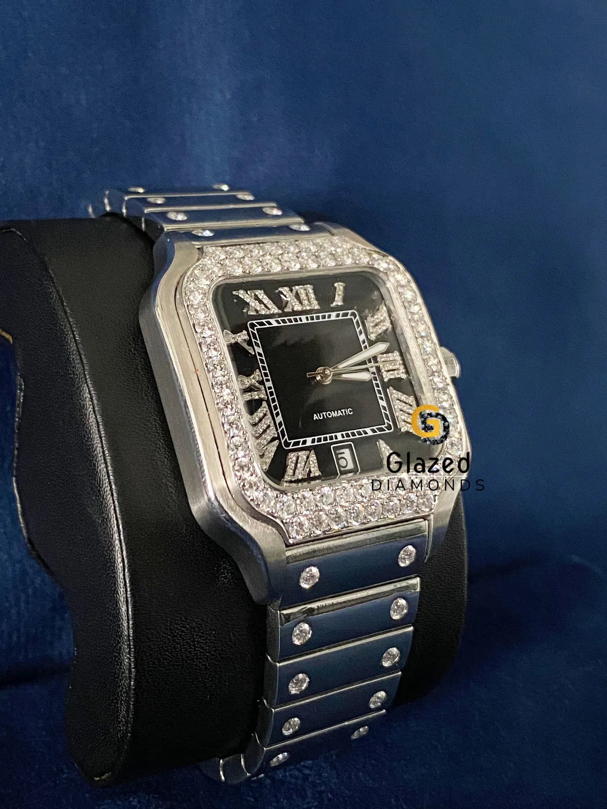 Black Roman Dial Bust Down D Colorless VVS Moissanite Watch