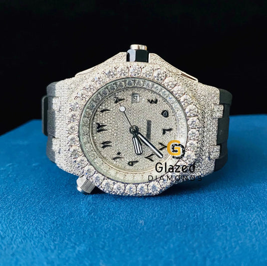 Black Silicon Strap Arabic Face Dial VVS Hip Hop Moissanite Watch