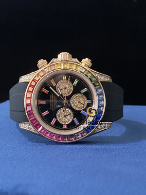 Black Silicon Strap Multi Color Baguette Iced Out Moissanite Watch