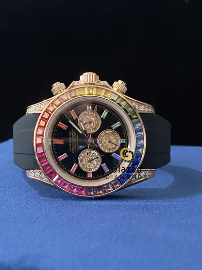 Black Silicon Strap Multi Color Baguette Iced Out Moissanite Watch