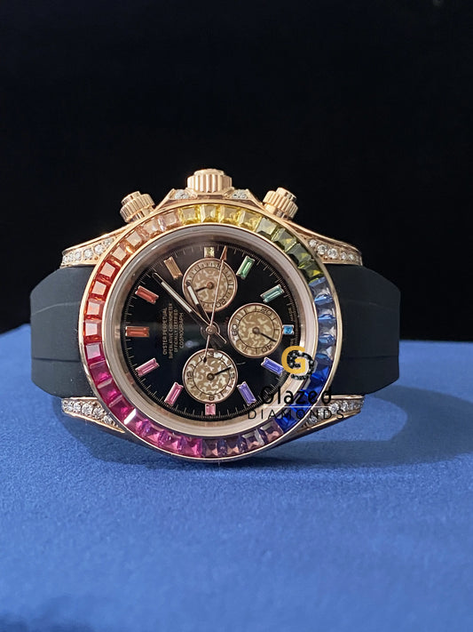 Black Silicon Strap Multi Color Baguette Iced Out Moissanite Watch