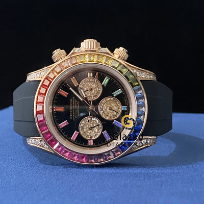 Black Silicon Strap Multi Color Baguette Iced Out Moissanite Watch