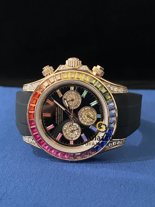 Black Silicon Strap Multi Color Baguette Moissanite Watch