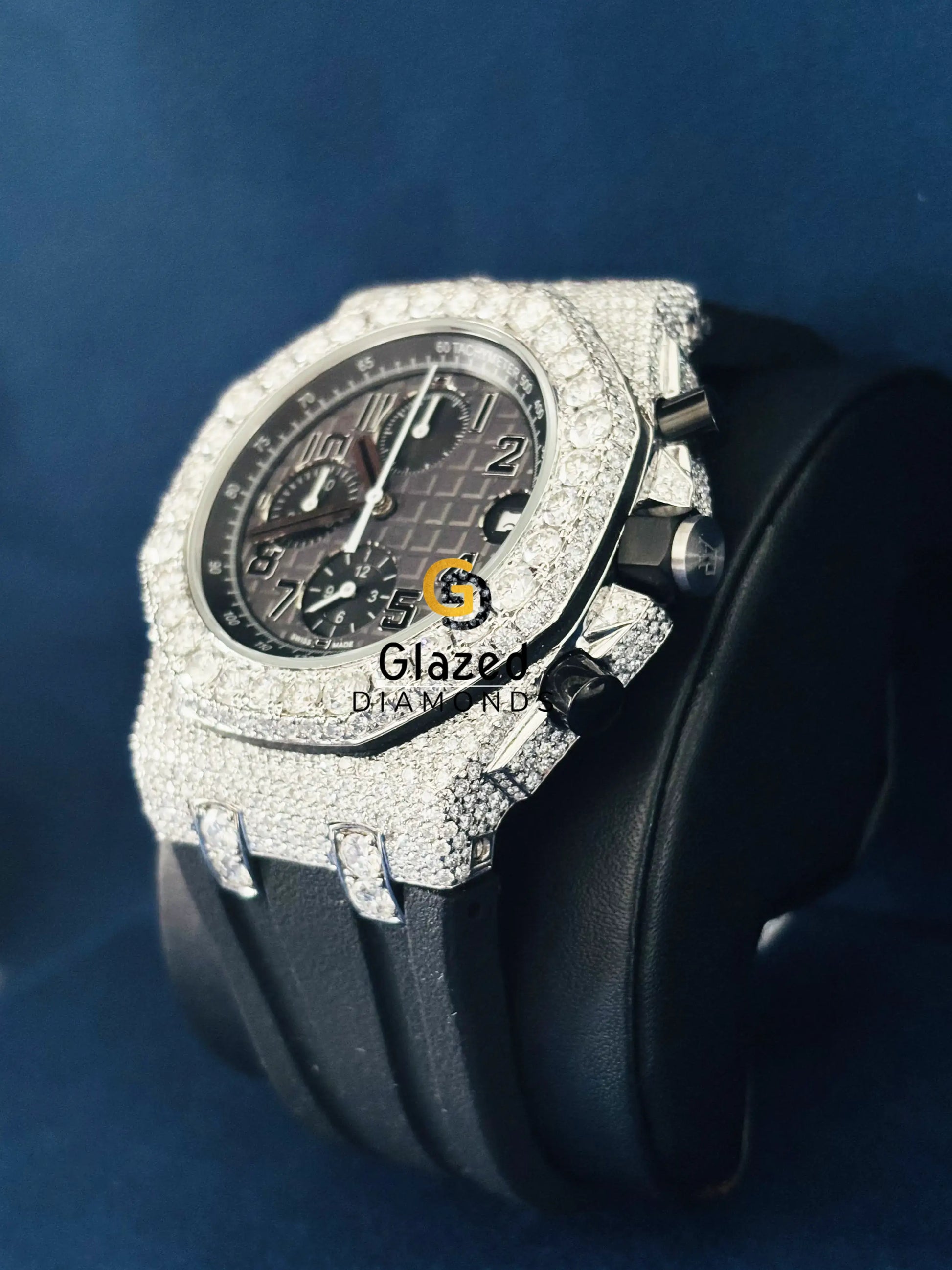 Black Silicone Strap Chronograph Hip Hop Moissanite Watch
