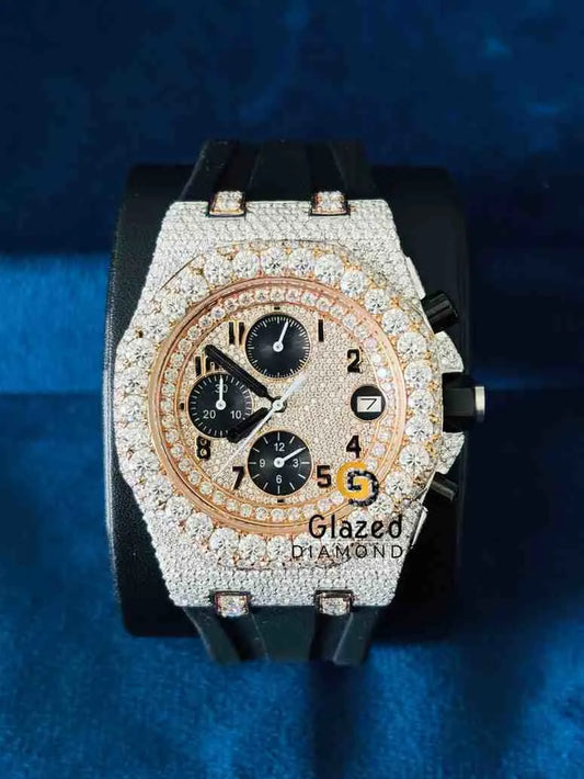 Black Silicone Strap Multi Chronograph Dial Moissanite Watch For Men