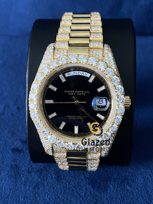 Black Stick Dial Moissanite VVS D Colorless Diamond Studded Watch