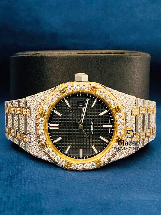 Black Stick Dial Two Tone Round Moissanite Watch