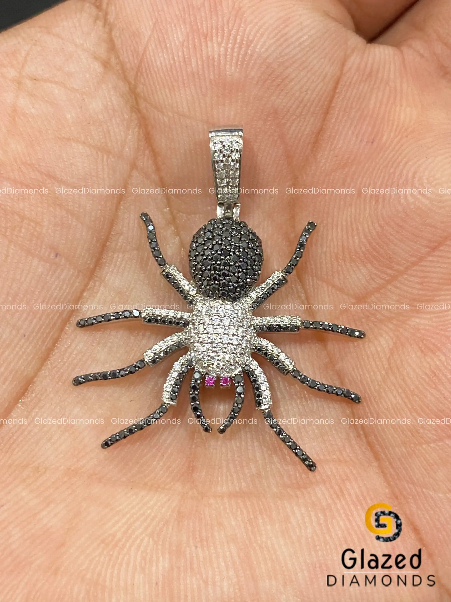 Iced Out Black & White Moissanite Diamond Spider Pendant in 925 Silver