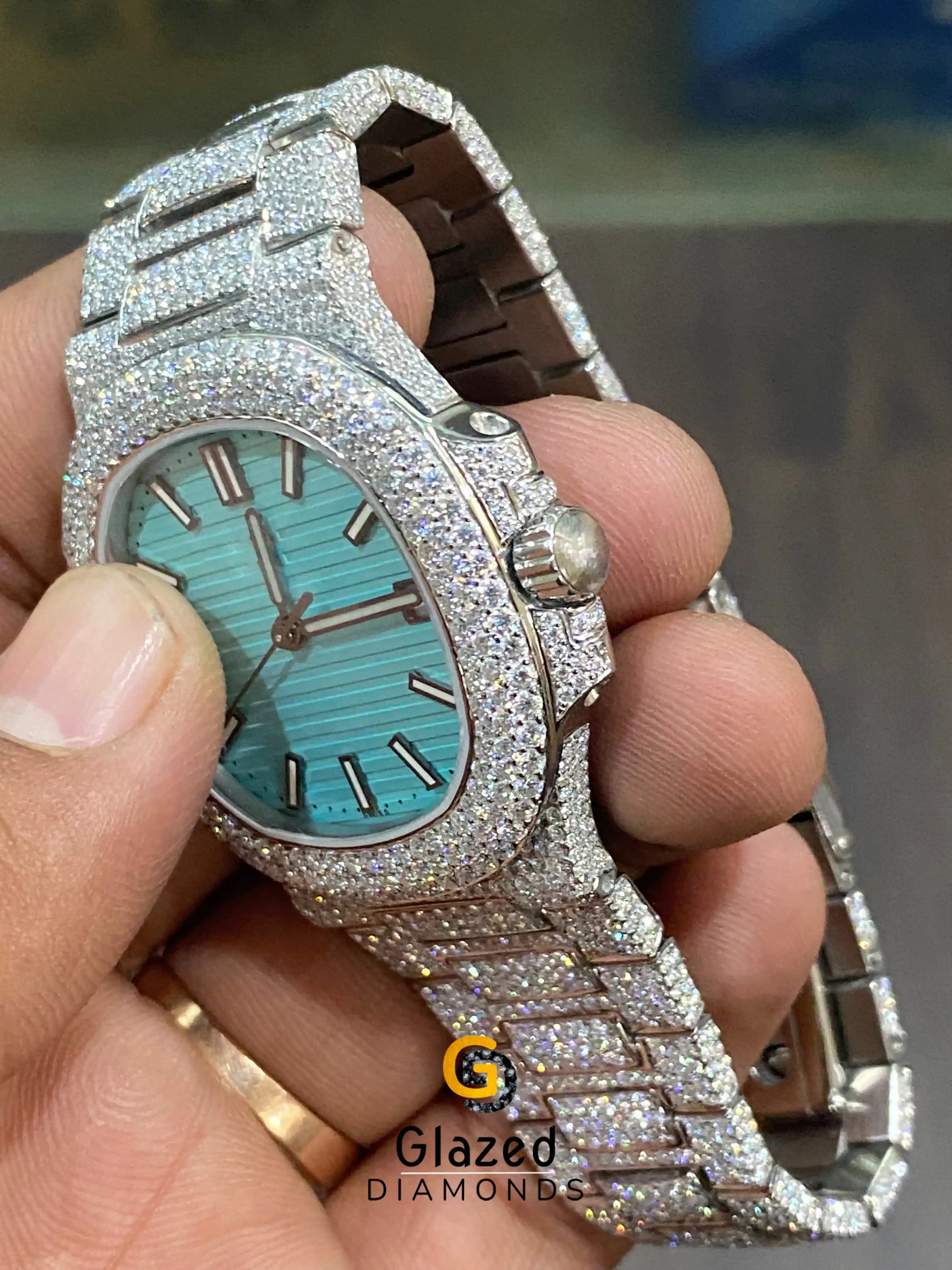 Tiffany Blue Dial Iced Moissanite Diamond Studded Watch