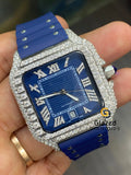 41MM Blue Dial VVS Moissanite Diamond Bezel Watch with Silicon/Rubber Strap