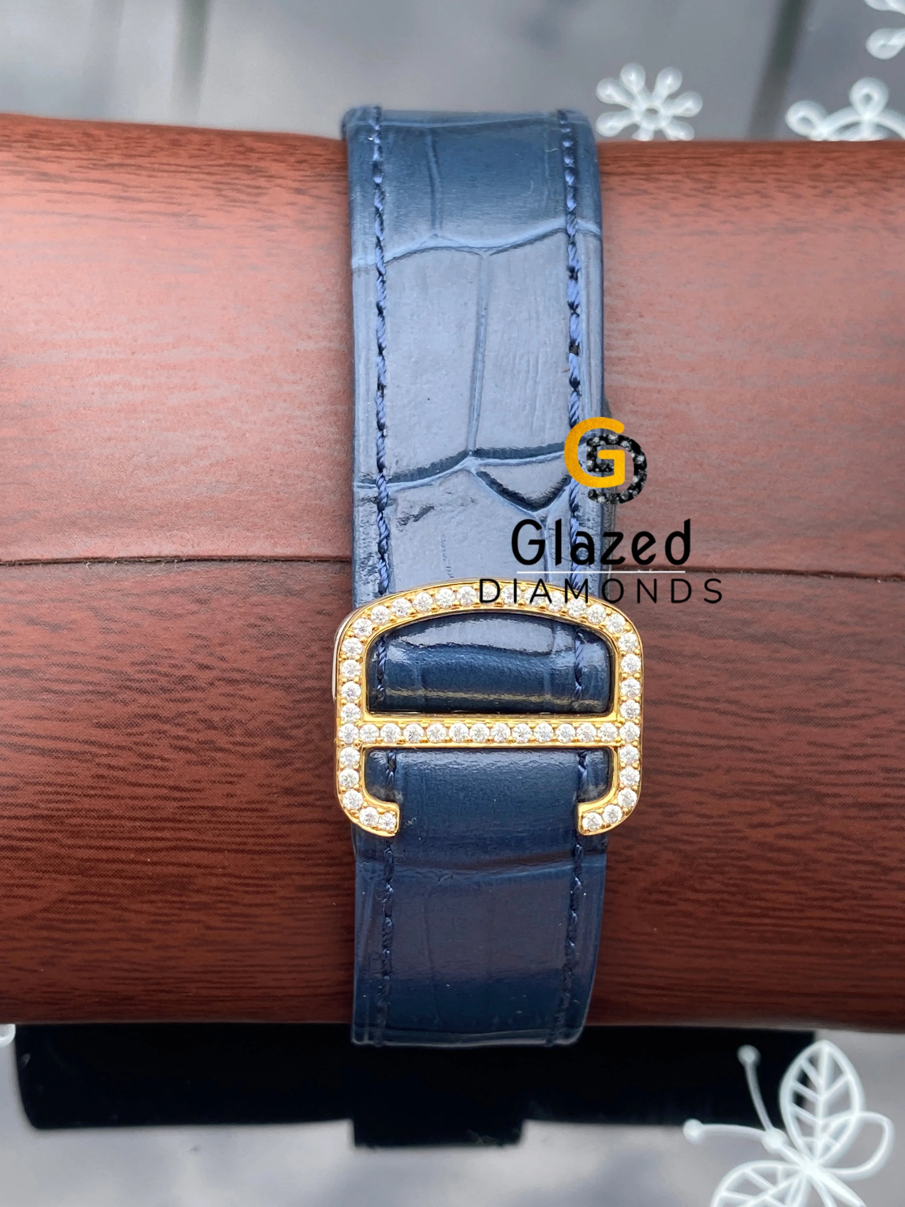 Royal Blue Leather Strap Two Tone Iced Moissanite Studded Watch