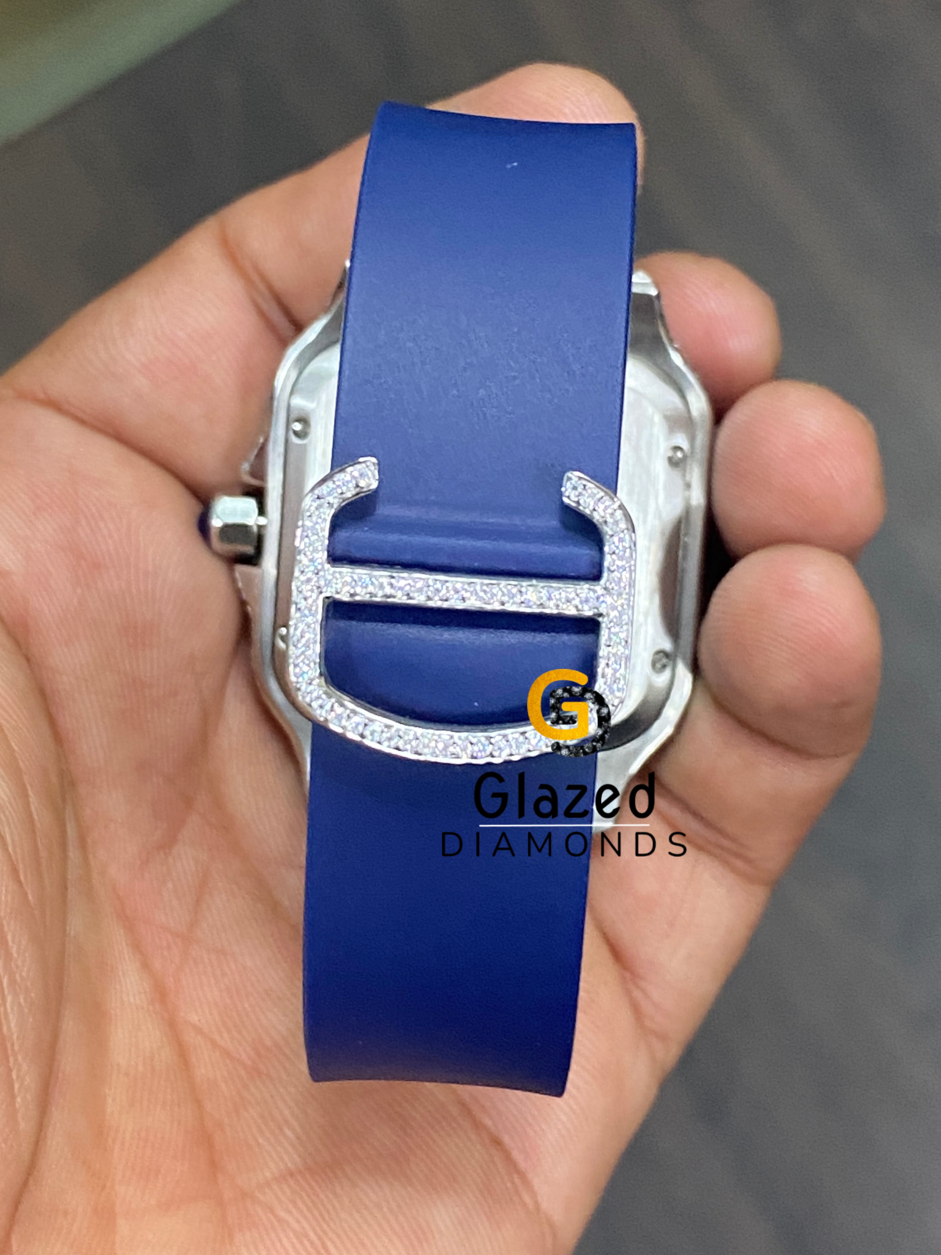 41MM Blue Dial VVS Moissanite Diamond Bezel Watch with Silicon/Rubber Strap