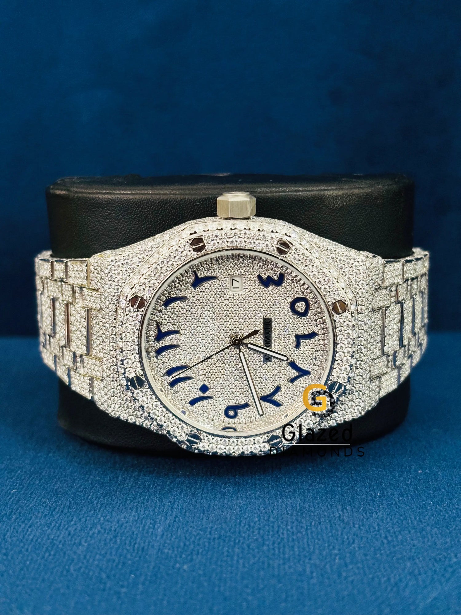 Blue Arabic Number Hip Hop Fully Studded Moissanite Watch
