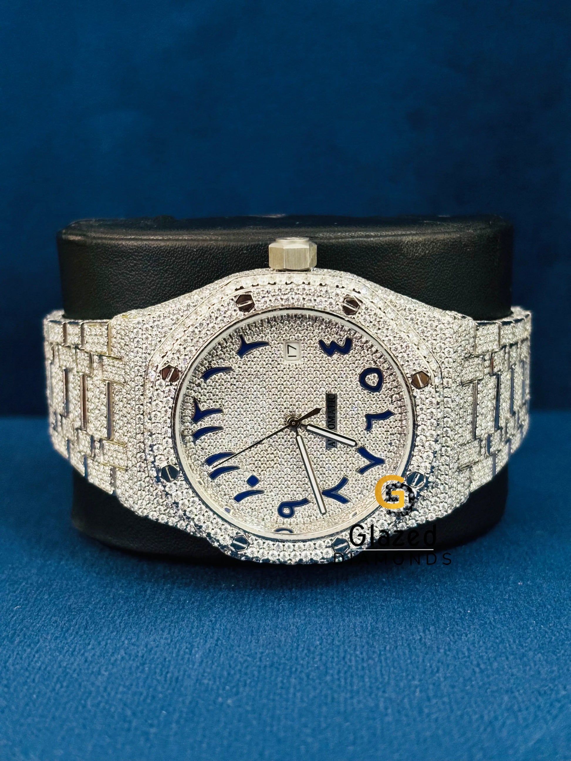 Blue Arabic Number Hip Hop Fully Studded Moissanite Watch