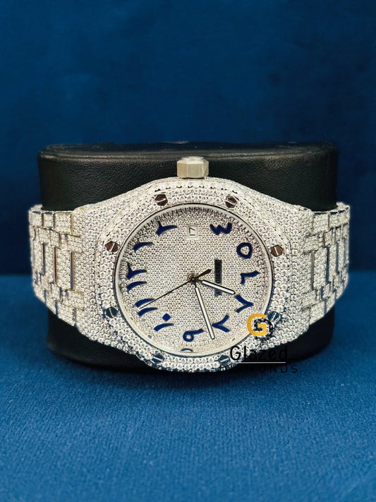 Blue Arabic Number Hip Hop Fully Studded Moissanite Watch