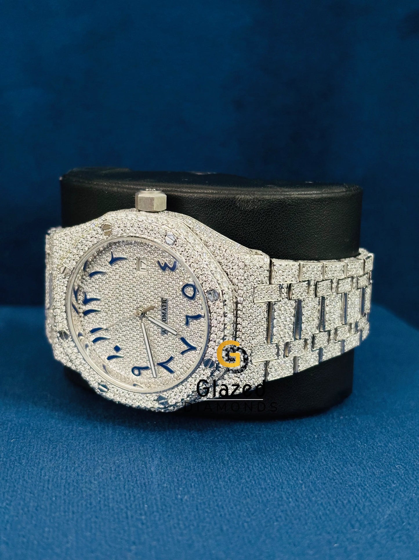 Blue Arabic Number Hip Hop Fully Studded Moissanite Watch For Women