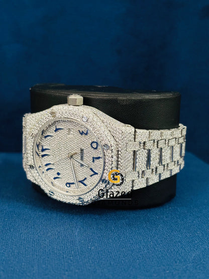 Blue Arabic Number Hip Hop Fully Studded Moissanite Watch For Women