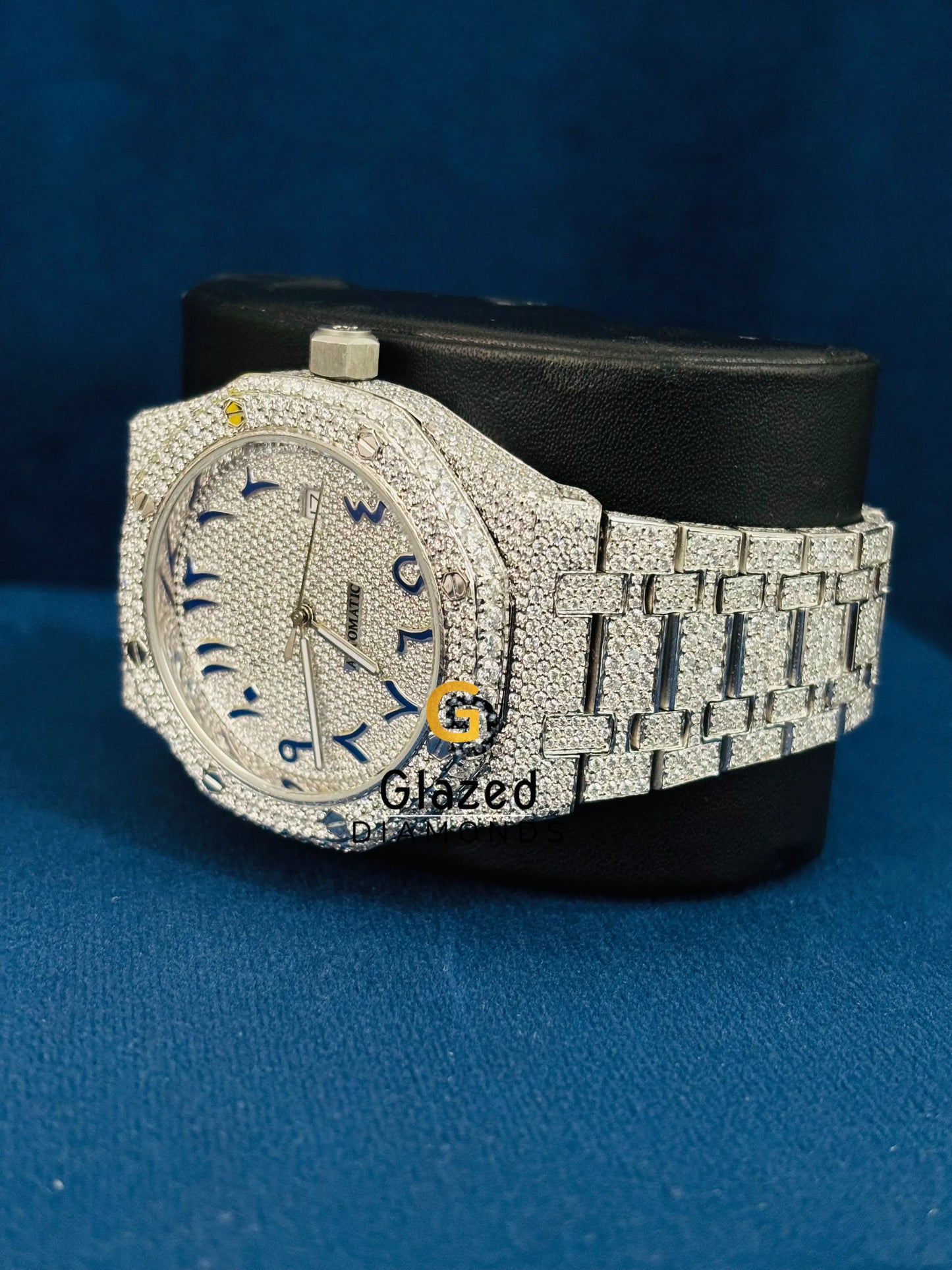 Blue Arabic Number Hip Hop Studded Moissanite Watch